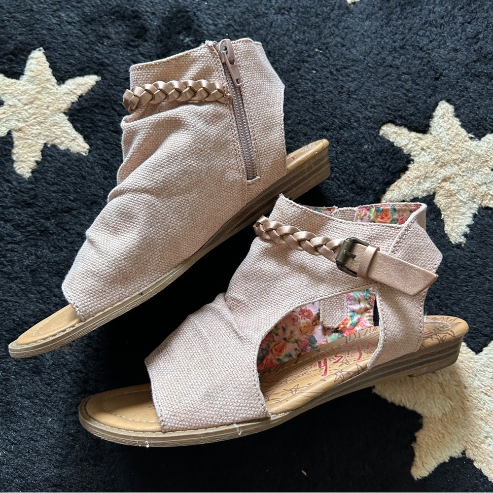 Blowfish Malibu Sandals in Pink Shimmer Canvas Rose Gold Braid Floral Lining